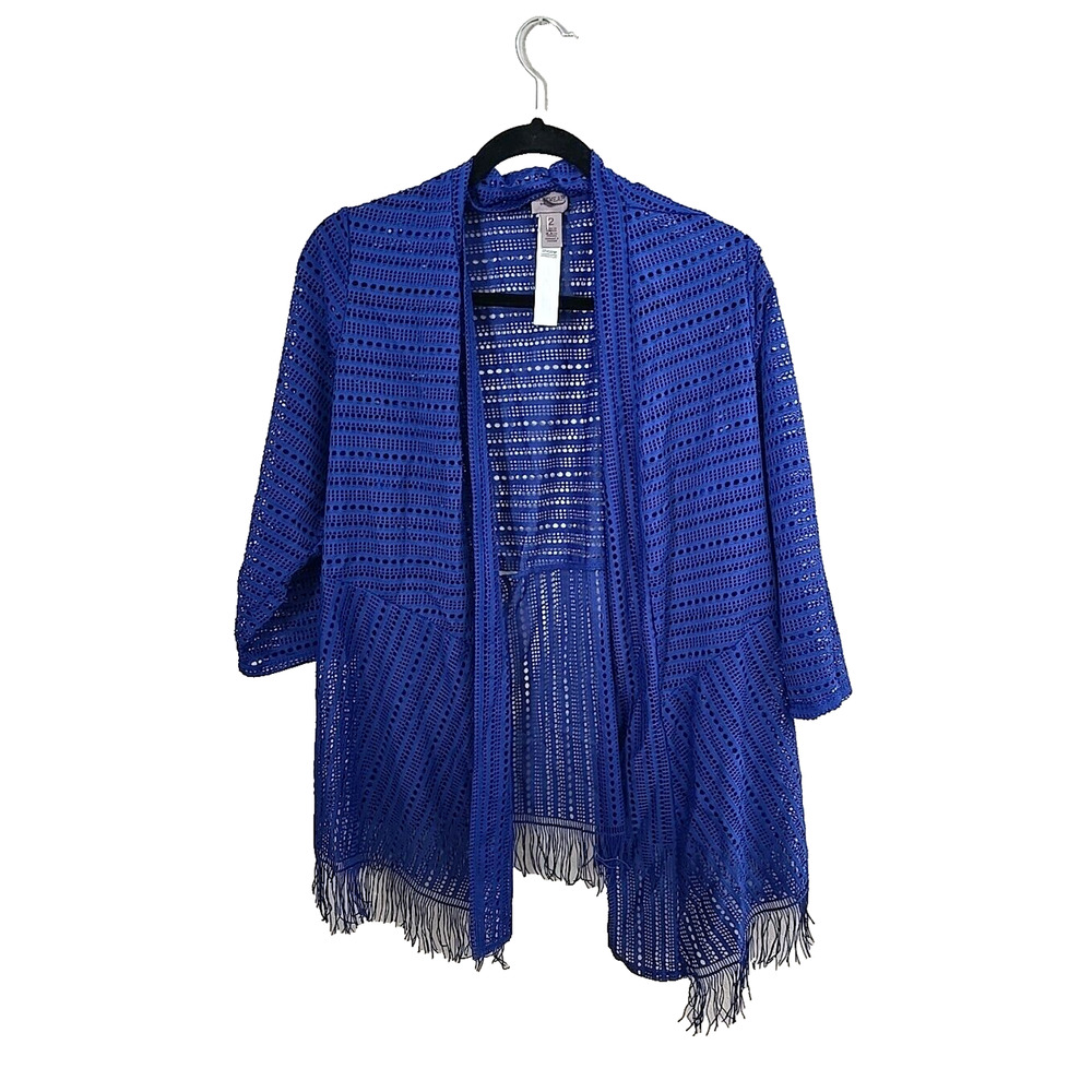Chico's Blue Open Front Knit Fringe 3/4 Sleeve Cardigan Sweater Womans Size 2 LG